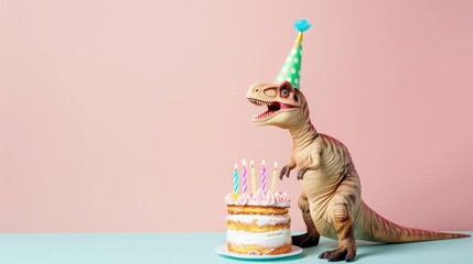 A cute dinosaur wearing birthday hat and party , standing next to the cake with candles on pastel pink background, minimal concept, studio