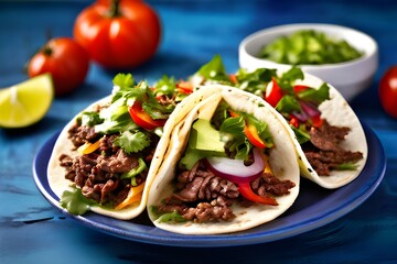 Mexican Tacos with Ground Beef and Vegetables on Rustic Blue Background