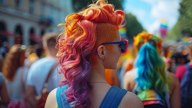 A person with a colorful mohawk hairstyle attending a Pride event, showcasing their unique identity.