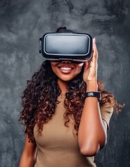 young brunette woman wearing virtual reality glasses