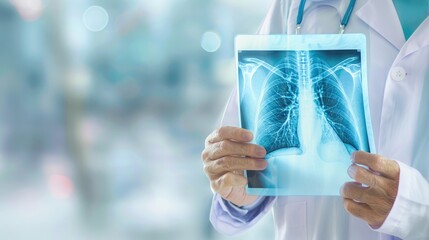 A doctor holding an X-ray of lungs, closeup on blurred background with copy space for text. The image is - Powered by Adobe