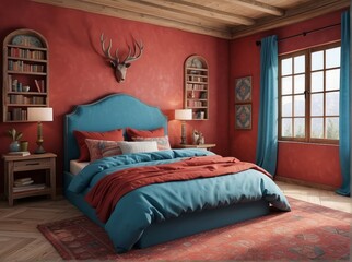 Warm and cozy bedroom interior, boho bed, Cerulean Blue bedding, Soft Red wall with stucco