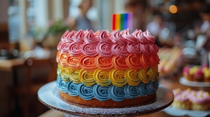 A photo of a rainbow flag displayed on a cake, celebrating a special occasion within the LGBTQ+ community.