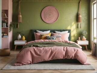 Warm and cozy bedroom interior, boho bed, Dusty Rose bedding, Citron Green wall with stucco