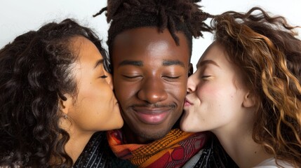 Obraz premium Affectionate Women Giving Kisses to Happy Man on Cheeks