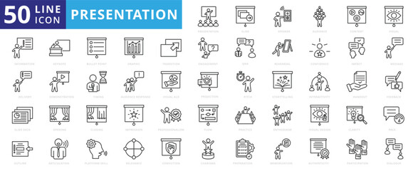 Presentation icon set with slide, speaker, audience, content, visual, important information, alert, side entry and deck