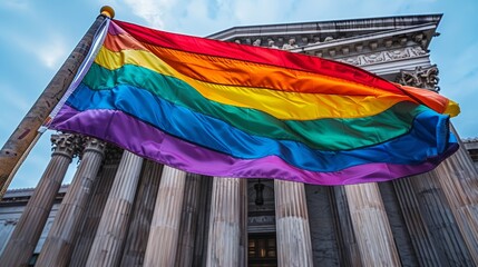 LGBT , LGBTQ+  A photo of a rainbow flag flying proudly in front of a courthouse, symbolizing the fight for LGBTQ+ rights.