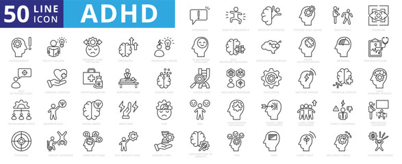 ADHD icon set with hyperactivity, impulsivity, executive function, in, focus, distractibility, and concentration.