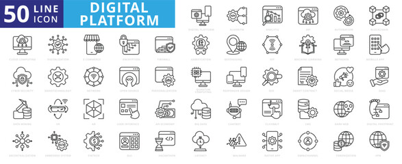 Digital Platform icon set with algorithm, analytics, api, automation, blockchain, cloud computing and cyber security.