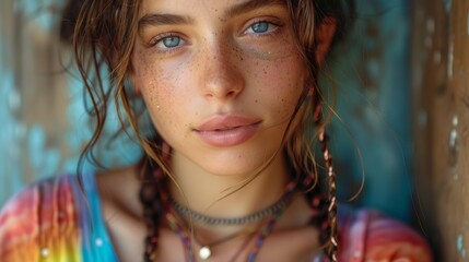 A close-up photo of a person wearing a rainbow pride t-shirt with a message of empowerment.