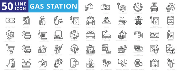 Gas station icon set with fuel, payment, tire pressure, no smoking, car wash, fast food, ticket, filling location and toilet.