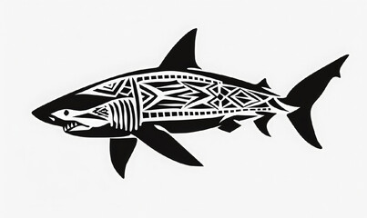 Black silhouette shark with graphic pattern. Marine-themed tattoo design. Print for clothes. stylized shape silhouette shark  logo. Marine animals, the underwater world. World ocean day.