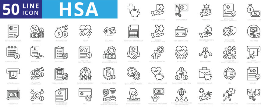 HSA icon set with contribution, deductible, premium, qualified medical expense, tax advantage, account holder and annual limit.