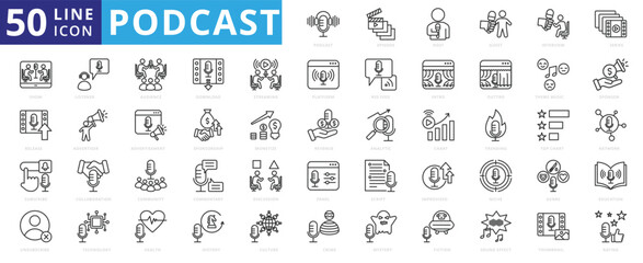 Podcast icon set with episode, host, guest, interview, series, talk show, release, subscribe, unsubscribe and listener.