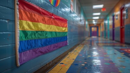 LGBTQA+ , LGBT :  A photo of a rainbow flag displayed on a classroom door, signifying a safe and inclusive space for LGBTQ+ students.