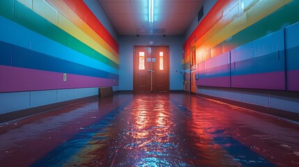 LGBTQA+ , LGBT :  A photo of a rainbow flag displayed on a classroom door, signifying a safe and inclusive space for LGBTQ+ students.