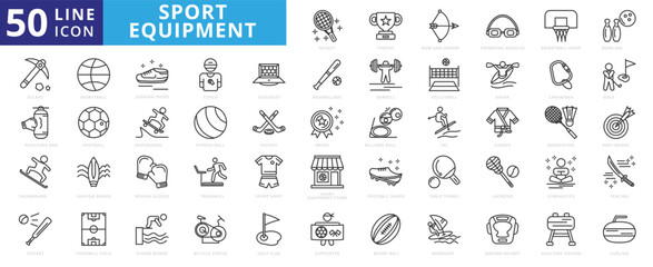 Sport equipment icon set with racket, trophy, bow and arrow, swimming goggles, basketball hoop, ice axe and punching bag.