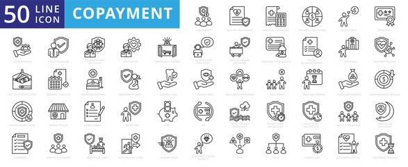 Copayment icon set with health insurance, medical expenses, patient cost share, deductible, premium and coinsurance.