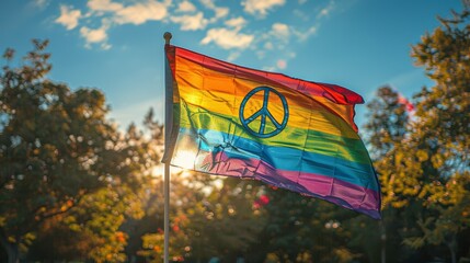 LGBTQA+ , LGBT : A photo of a rainbow flag waving next to a peace sign, symbolizing LGBTQ+ pride and a message of unity.