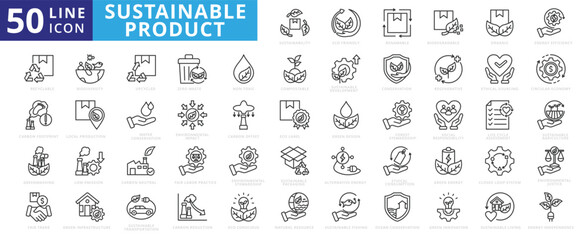 Sustainable product icon set with eco friendly, renewable, biodegradable, organic, energy efficiency and recyclable.