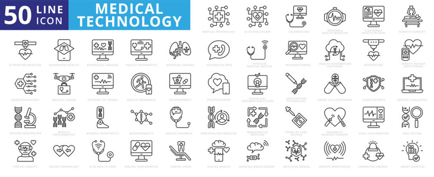 Medical Technology icon set with ai in healthcare, telemedicine, wearable monitor, electronic record and robotic surgery.