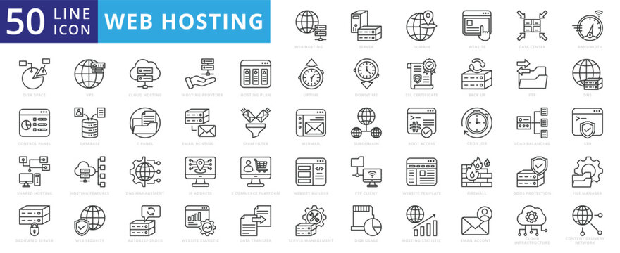 Web hosting icon set with server, domain, website, data center, bandwidth, disk space, control panel, dedicated and shared.