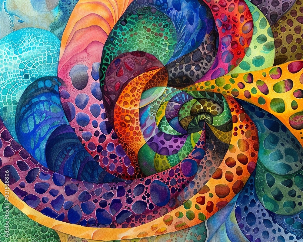 Poster abstract vibrant spiral pattern with colorful textures and gradients, featuring intricate details in