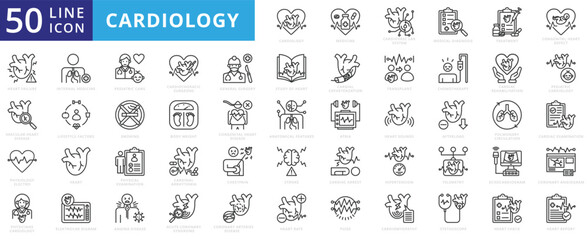 Cardiology icon set with medicine, cardiovascular system, diagnosis, treatment, congenital defect and heart failure.