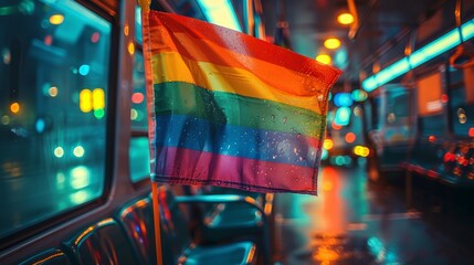 LGBTQA+ , LGBT :  A photo of a rainbow flag displayed on a public bus, promoting LGBTQ+ visibility in everyday life.