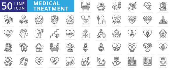 Medical treatment icon set with therapy, heart problem, medical diagnosis, contraindication, not effective and adverse effect.