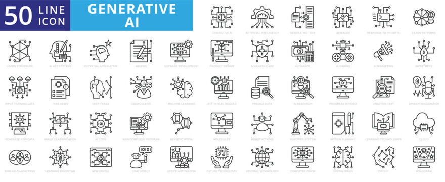 Generative AI icon set with generating text, images, response to prompts, learn patterns, structure and input training data.