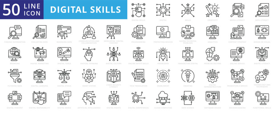 Digital skills icon set with creativity, media, literacy, finding information, browsing, filtering data, evaluating and content.