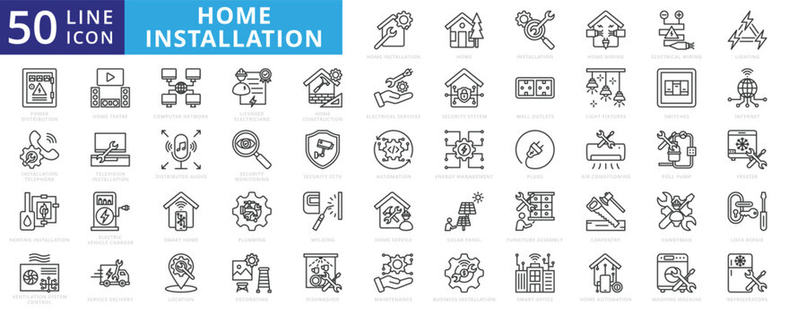 Home Installation icon set with installation, wiring, electrical, lighting, power distribution, telephone and heating.