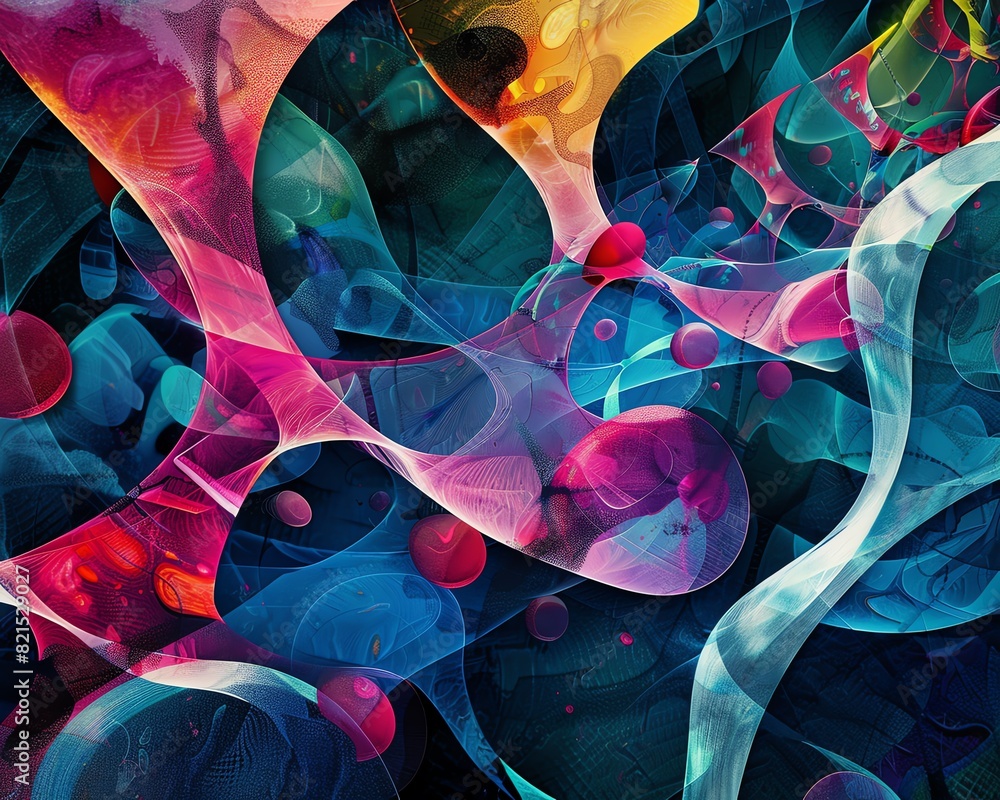 Poster Vibrant abstract digital art with colorful interwoven shapes and patterns creating a dynamic and fluid visual experience.