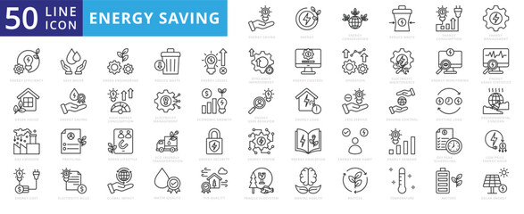 Energy Saving icon set with conservation, reduce waste, consumption, management, efficiency, gas emission and green house.