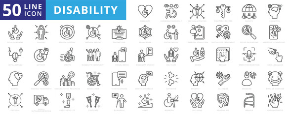 Disability icon set with experience difficulties, certain activities, equitable access, society, cognitive and developmental.