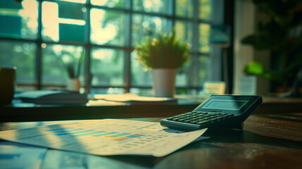business financial statement with a calculator on the table in modern office, business finance audit concept photo