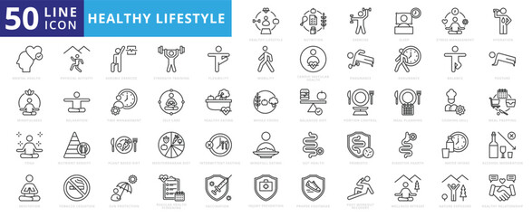 Healthy Lifestyle icon set with nutrition, exercise, sleep, stress management, hydration, mental, mindfulness and yoga.