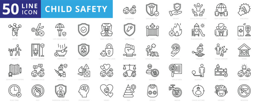 Child Safety icon set with protection, guarding, violence, abuse, neglect, quality education, life insurance and play time.