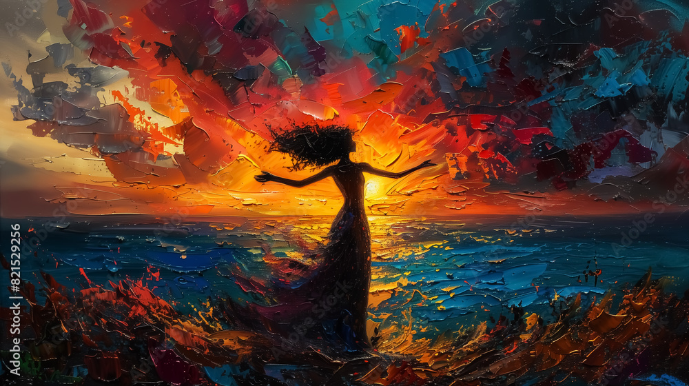 Wall mural palette knife, oil painting, woman opening arms on beach, tropical island at sunset or sunrise, trav - Wall murals