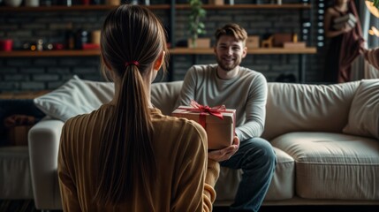 A girl giving a gift box to a man. for the men's day or father's day or birthday.