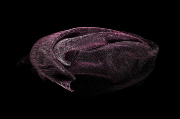 Purple Silver lace fabric flying in curve shape, Piece of textile purple silver lace fabric throw fall in air. Black background isolated, dark shading environment