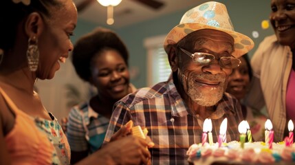 African American happy grandfather over 80 years old celebrating birthday with family holding birthday cake with burning candles - Powered by Adobe