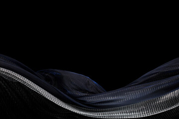Silver Drapery fabric flying in curve shape, Piece of textile silver drapery fabric throw fall in...