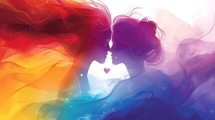 Romantic couple kissing amidst vibrant rainbow backdrop