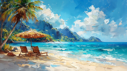 Fototapeta premium palette knife oil painting, beach chairs on white sand beach, tropical island at sunset or sunrise, palm trees, travel and landscape. Wall Art Design for Home Decor, 4K Wallpaper and Background