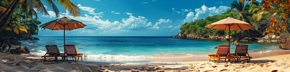 Obraz premium beach chairs on white sand beach, tropical island at sunset or sunrise, palm trees, travel and landscape. Fantasy Wall Art Poster Print Design for Home Decor, Decoration Artwork, Wallpaper