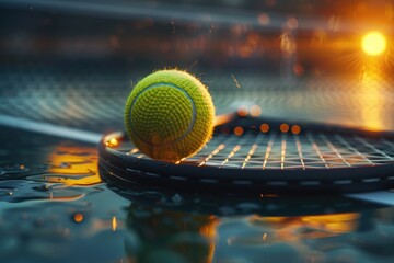 A tennis ball and a tennis racket in the middle of a tennis court.. Sports theme background - Powered by Adobe