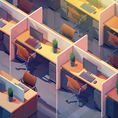 A flat illustration of a row of empty cubicles , graphic resource, art, animated, illustration, Generative AI