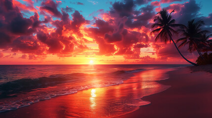 tropical island beach at sunset or sunrise, dusk or dawn, travel and landscape. Wall Art Poster Design for Home Decor, 4K Wallpaper and Background for Computer